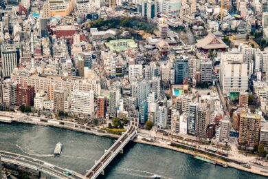 Tokyo, Japan - March 24, 2025: View from Tokyo Skytree showing the Sumida River Walk, Asakusa neighborhood, and Senso-ji Temple nestled among modern Tokyo buildings.